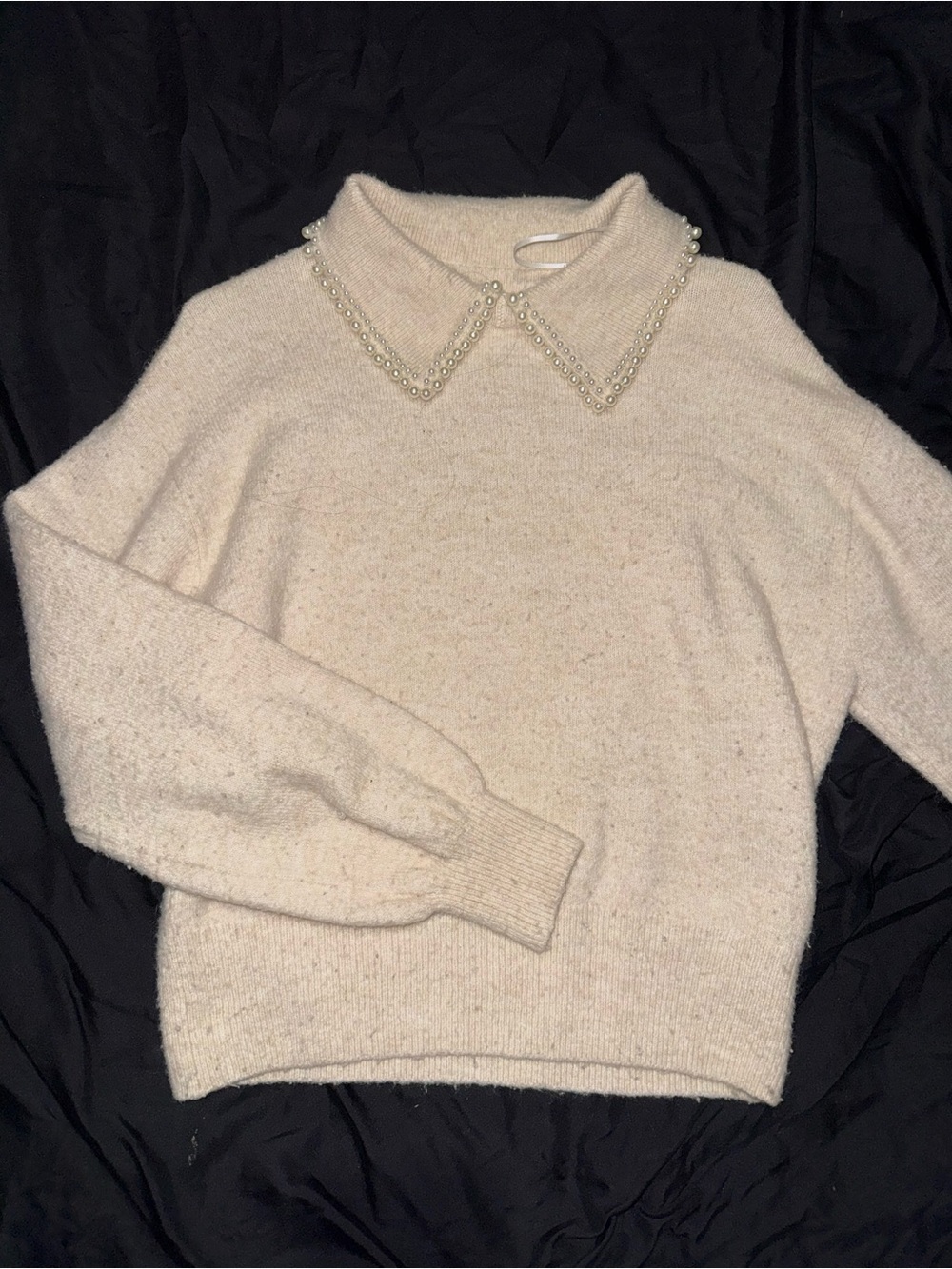 H&M Preppy Cream Pearl-Beaded Collar Knit Sweater sz S